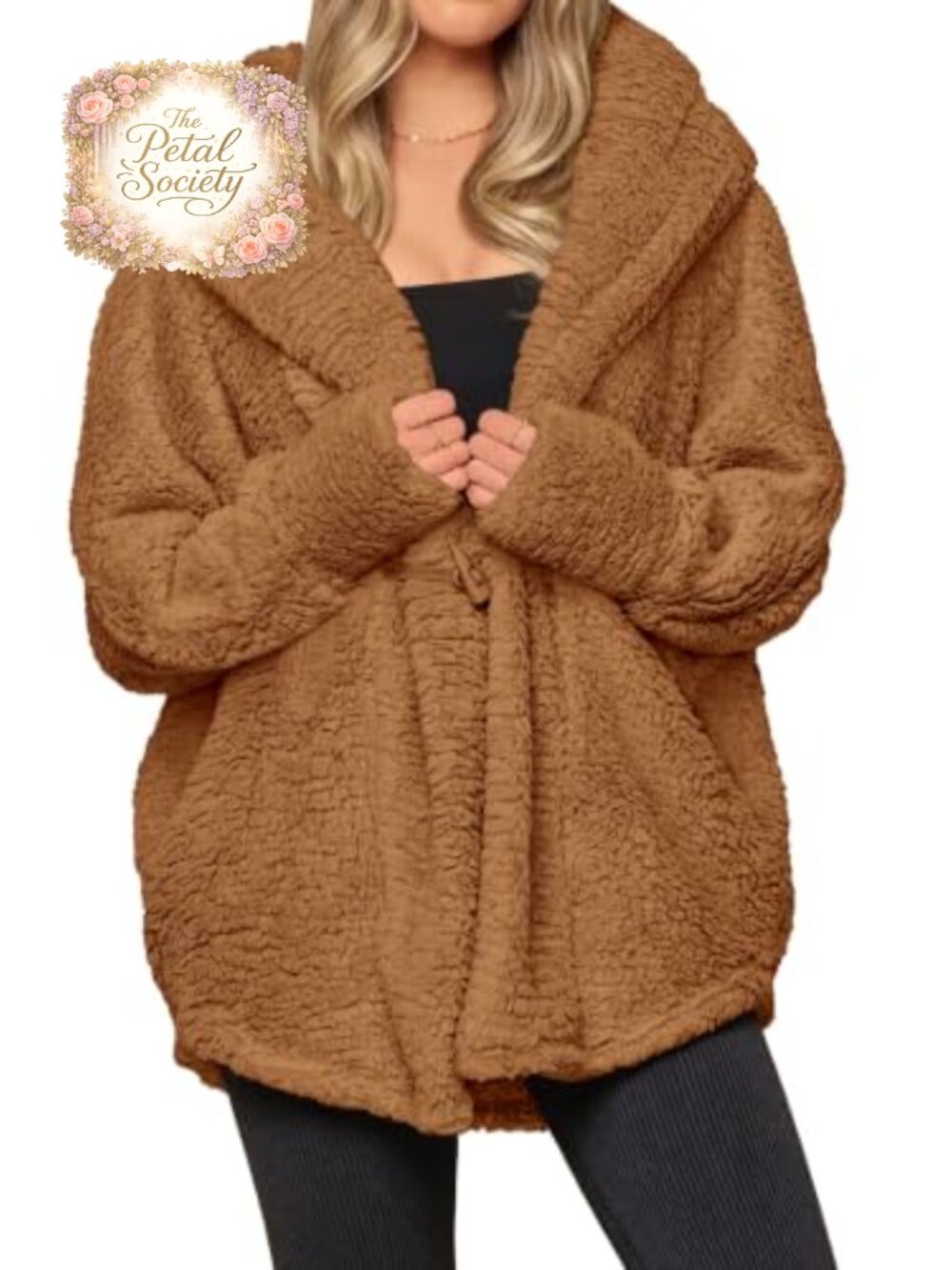 Hooded Faux Fur Sherpa Jacket Loose Fit Thumb Hole Pockets Winter Coat